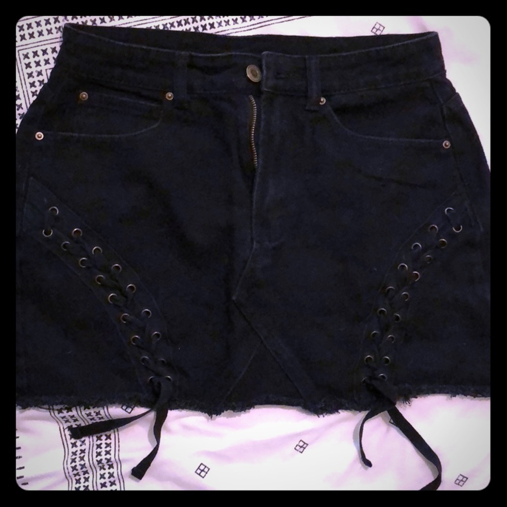 Tobi Black denim mini skirt with tie up front